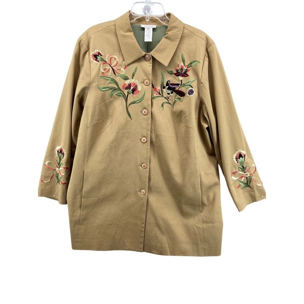 Victor Costa Occasion Jacket Women 1X Tan Embroidered Floral Bird Coat Boho